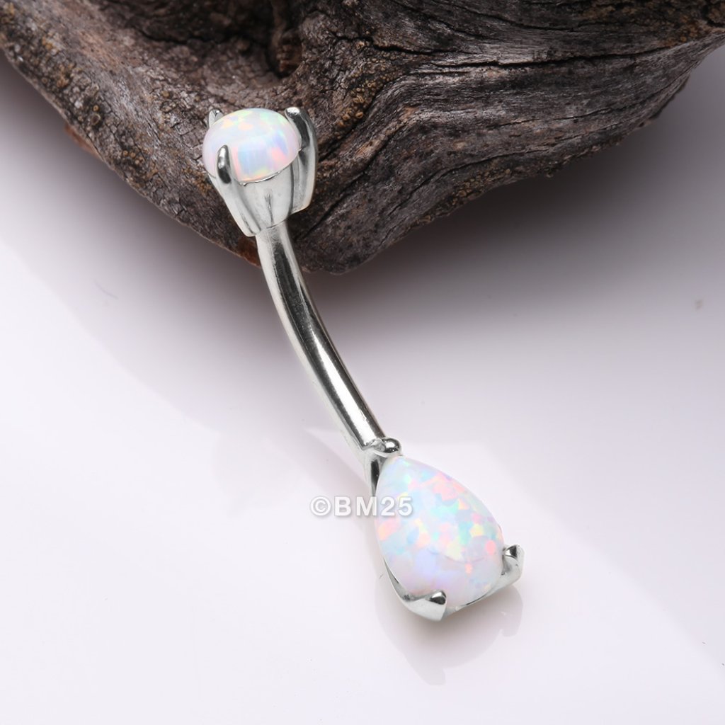14 Karat White Gold Dainty Fire Opal Teardrop Sparkle Belly Button Ring